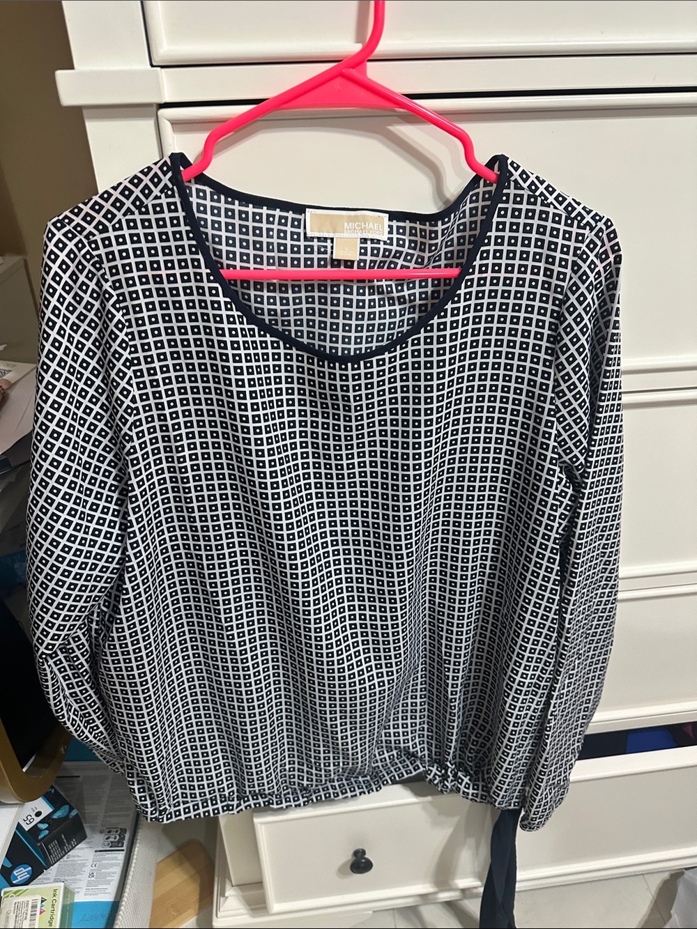 Michael Kors Black and White Geometric Long Sleeve Blouse